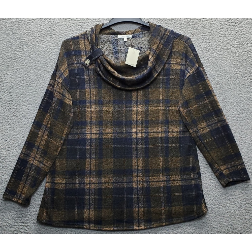 Ava James Top Womens Large Multi Plaid Stretch Long Sleeve Cowl Neck Pullover